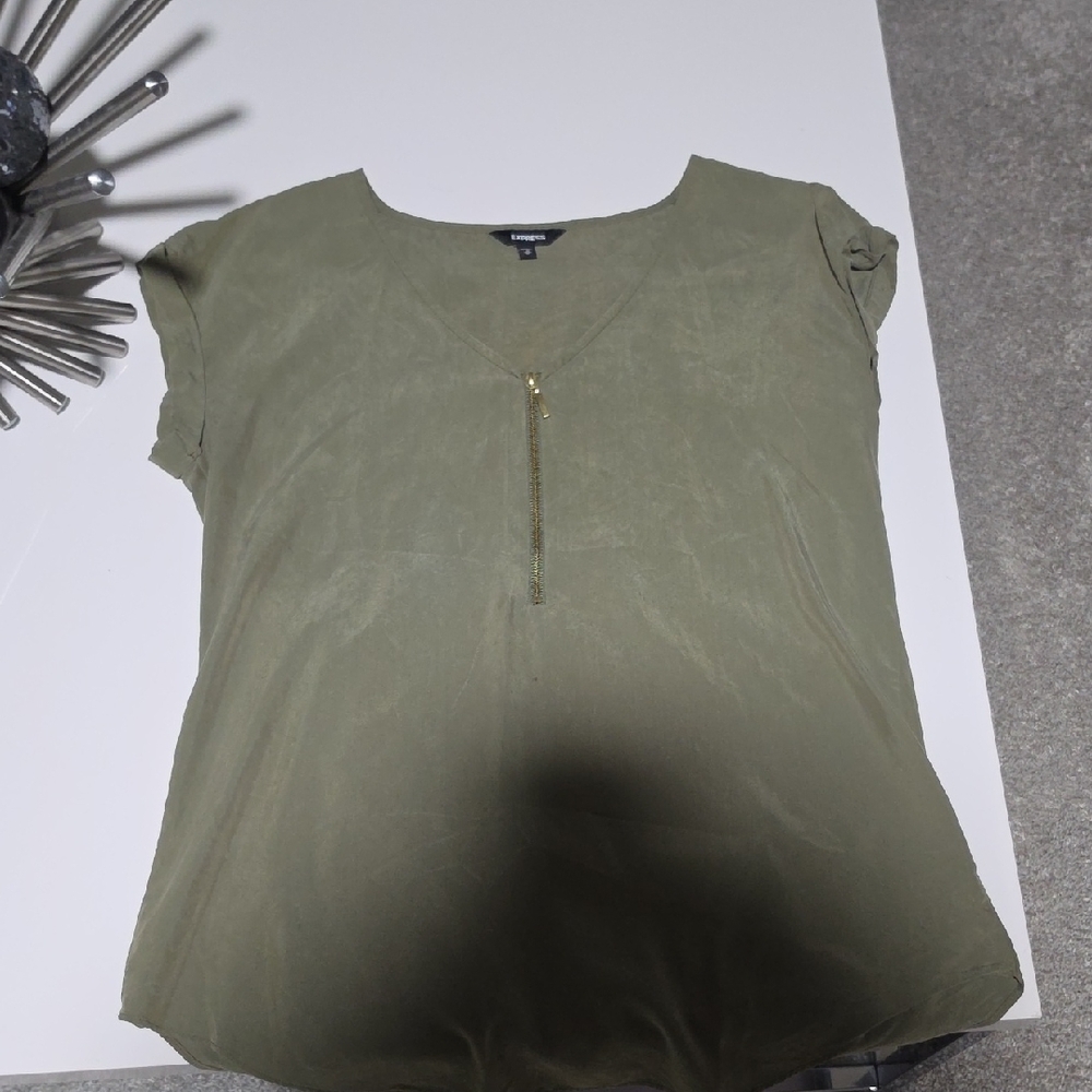 Express Olive Short Sleeve Blouse with Gold Zip Accent